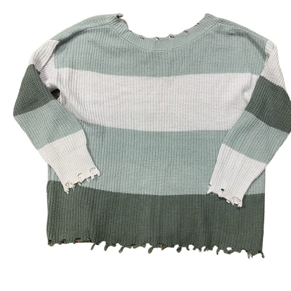 Simply Southern Collection Green Striped Distressed Ribbed Knit Sweater Size XXL - Picture 3 of 6